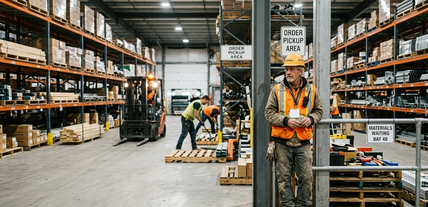Warehouse keeper at the order pickup area of a warehouse