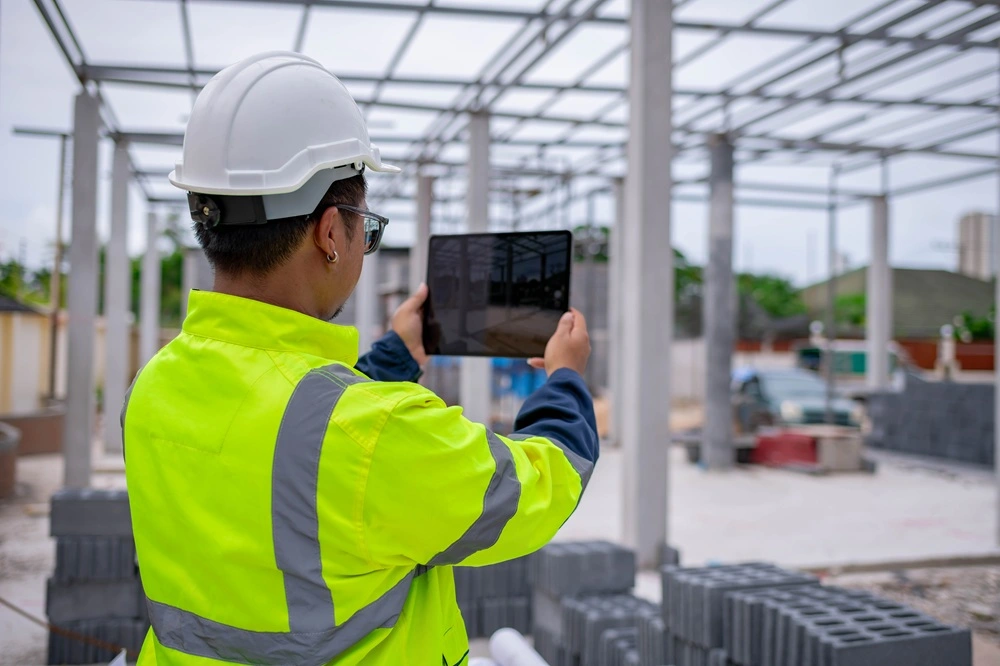 Engenheiro de obra com colete refletivo consultando o tablet no canteiro